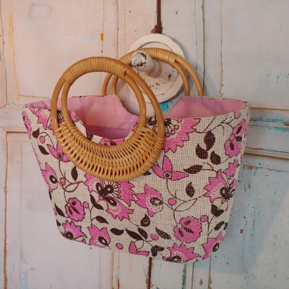 *no tag VINTAGE style purse handbag w burlap texture rattan handle pink & cream - Picture 5 of 16